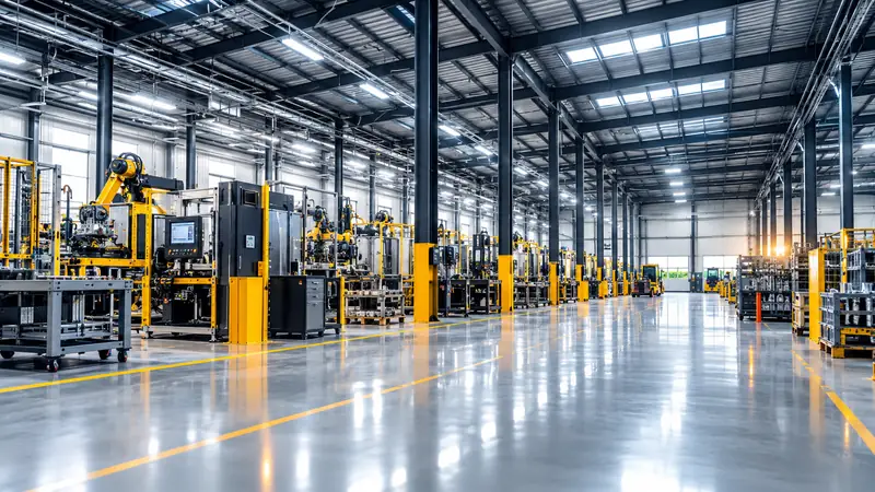 Chão de fábrica com estrutura metálica aparente, pé-direito alto e linha de produção automatizada