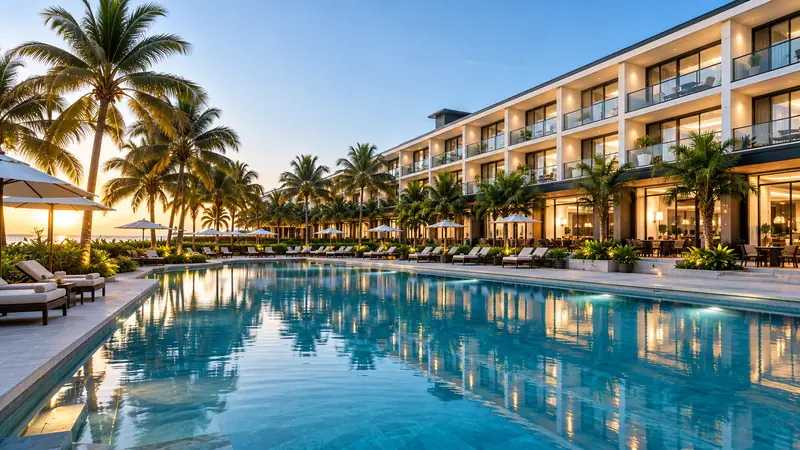 Fachada de resort ao entardecer, com piscina e coqueiros