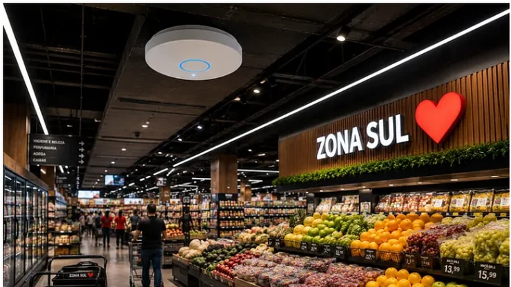 Salão do supermercado Zona Sul, com o access point instalado no teto sobre o hortifruti