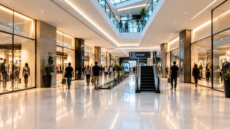 Corredor de shopping com público circulando e escada rolante ao fundo