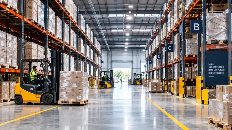 Galpão logístico com porta-paletes altos, empilhadeiras e corredores demarcados
