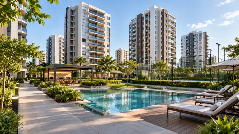 Condomínio residencial com várias torres, área de lazer e piscina