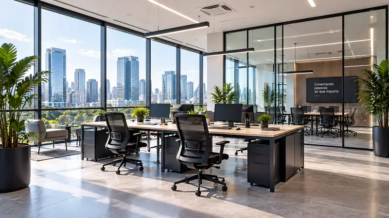 Escritório corporativo envidraçado, com estações de trabalho e sala de reunião