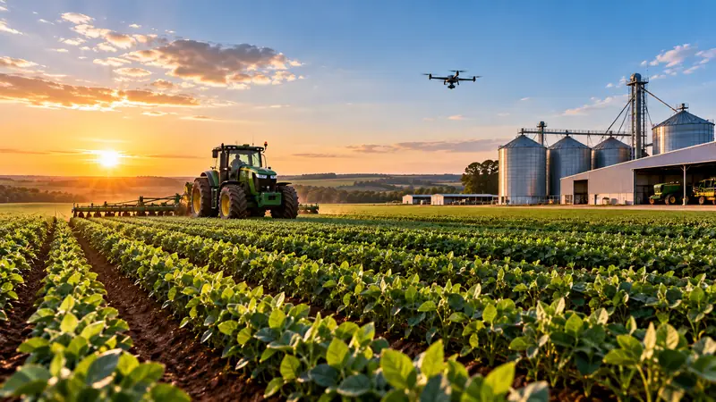 Lavoura ao amanhecer com trator, drone sobrevoando e silos ao fundo