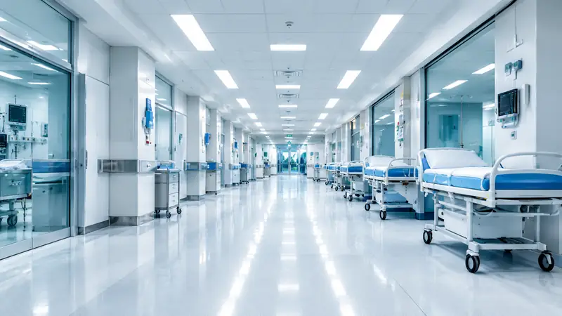 Corredor de hospital com leitos e equipamentos, iluminação clara